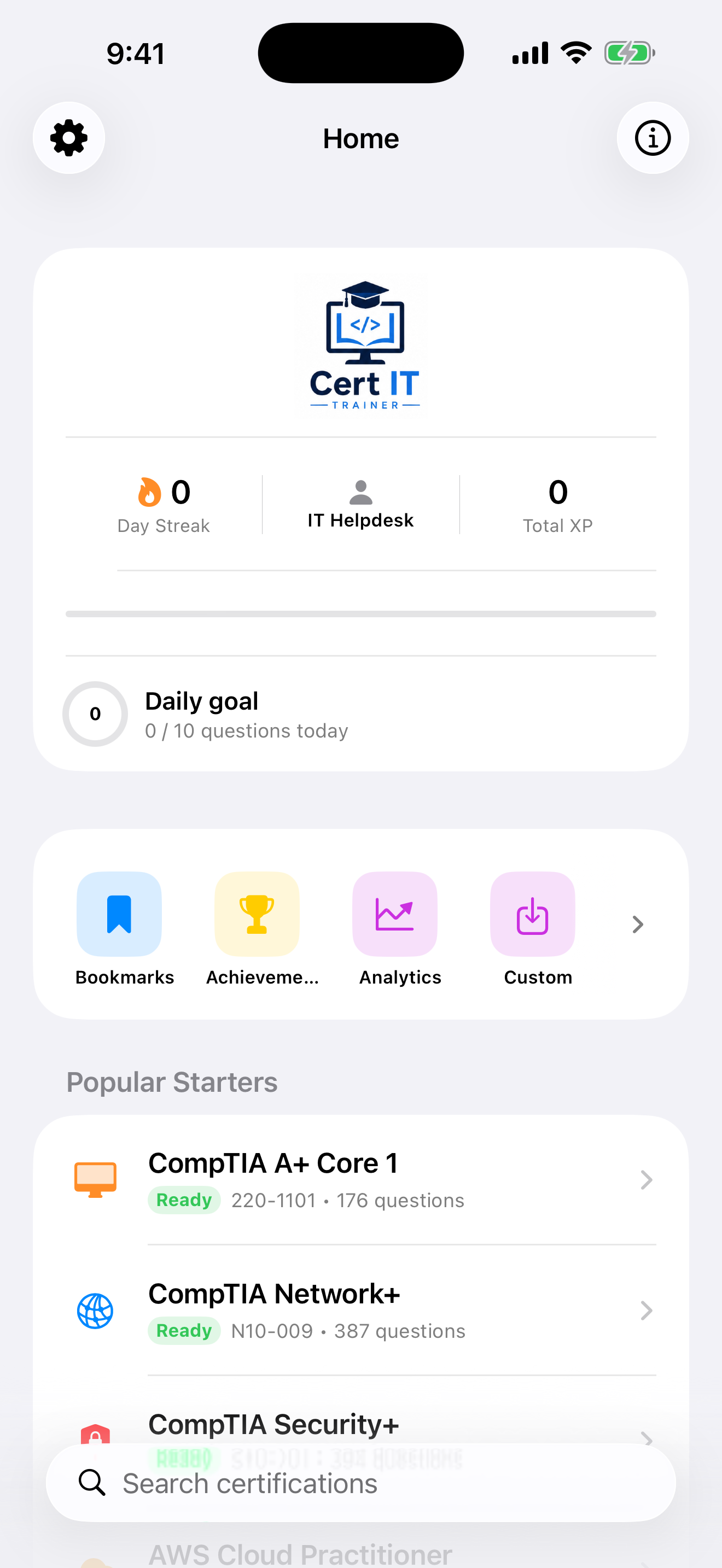 Home dashboard with study progress and popular certifications