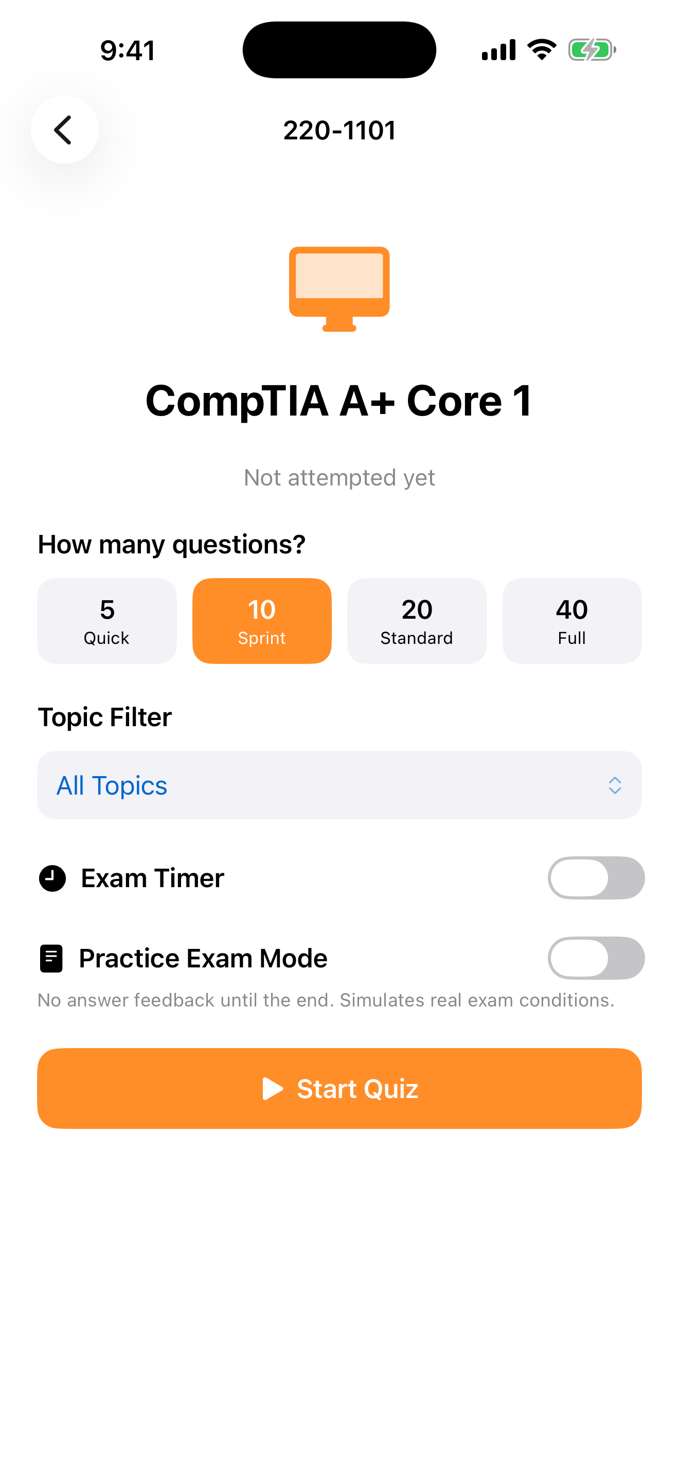 Quiz setup with question count, topic filter, timer, and practice exam mode